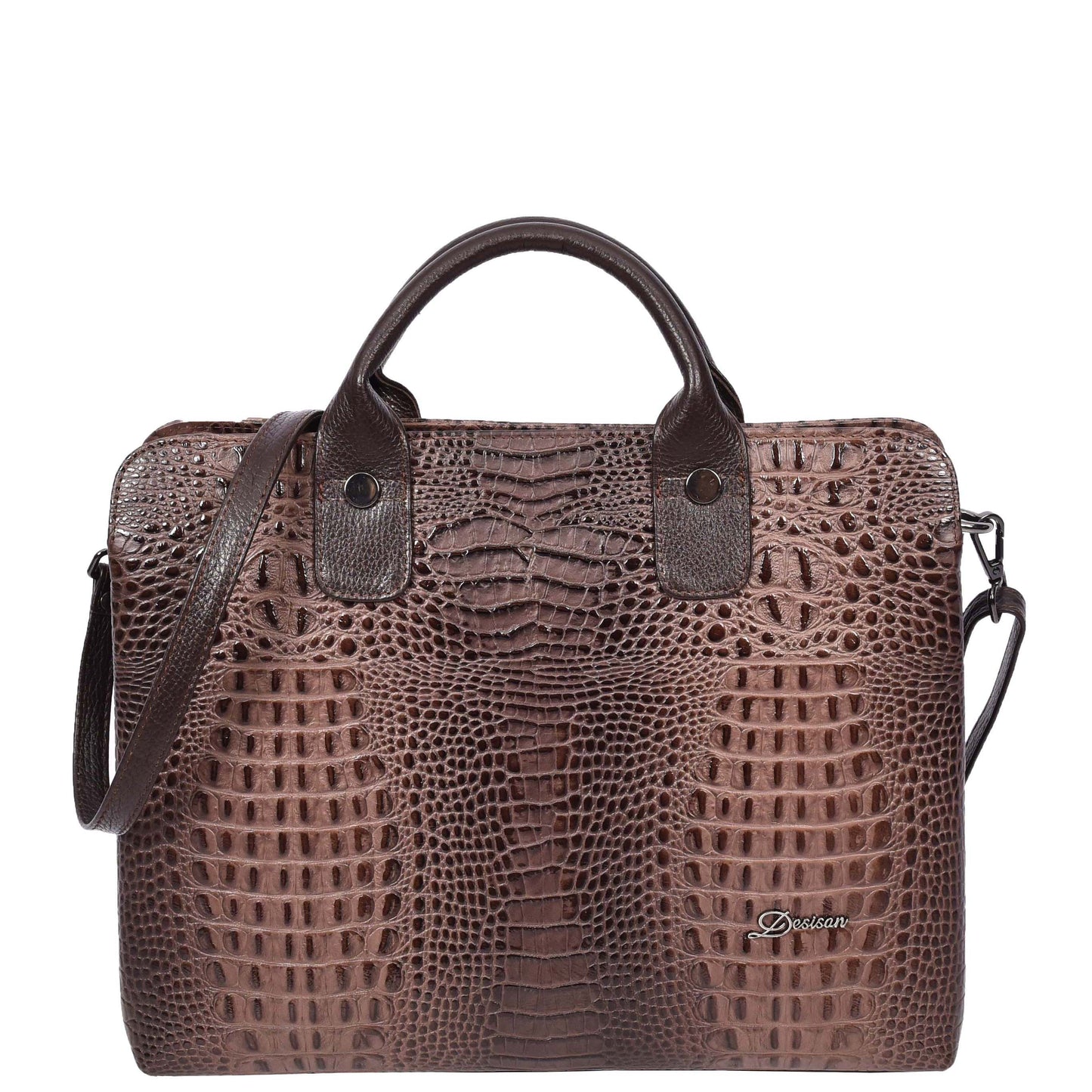 Womens Real Leather Croc-Print Shoulder Bag A4 Size Business Handbag Millie Brown