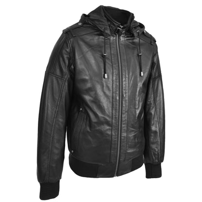 Mens Real Leather Bomber Jacket Trendy Removable Hood Style Reggie Black-4