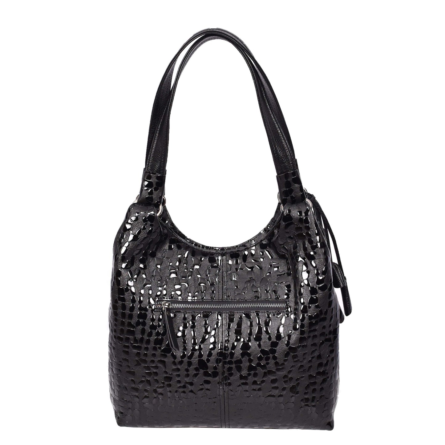 Women's Real Leather Croc-print Shoulder Bag Zip Opening Large Hobo Handbag Kimberly Black-2