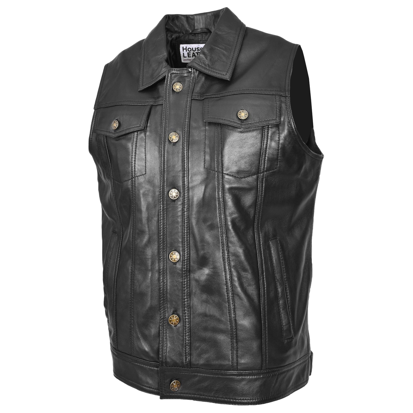 Mens Real Leather Waistcoat Classic Trucker Style Vest Teddy Black-4