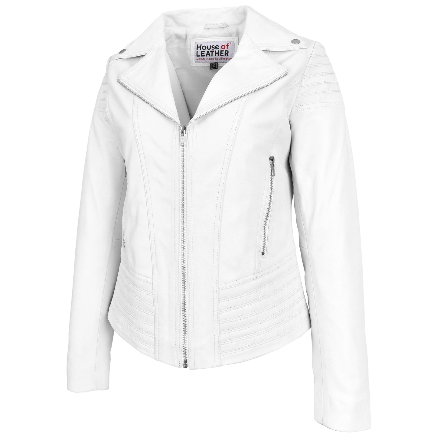 Womens Real Leather Biker Jacket Trendy Fitted Casual Style Emily White-5