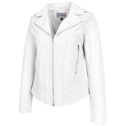 Womens Real Leather Biker Jacket Trendy Fitted Casual Style Emily White-5