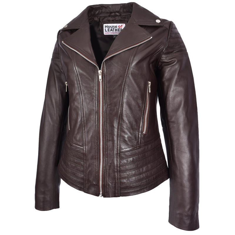 Womens Real Leather Biker Jacket Trendy Fitted Casual Style Emily Brown-5