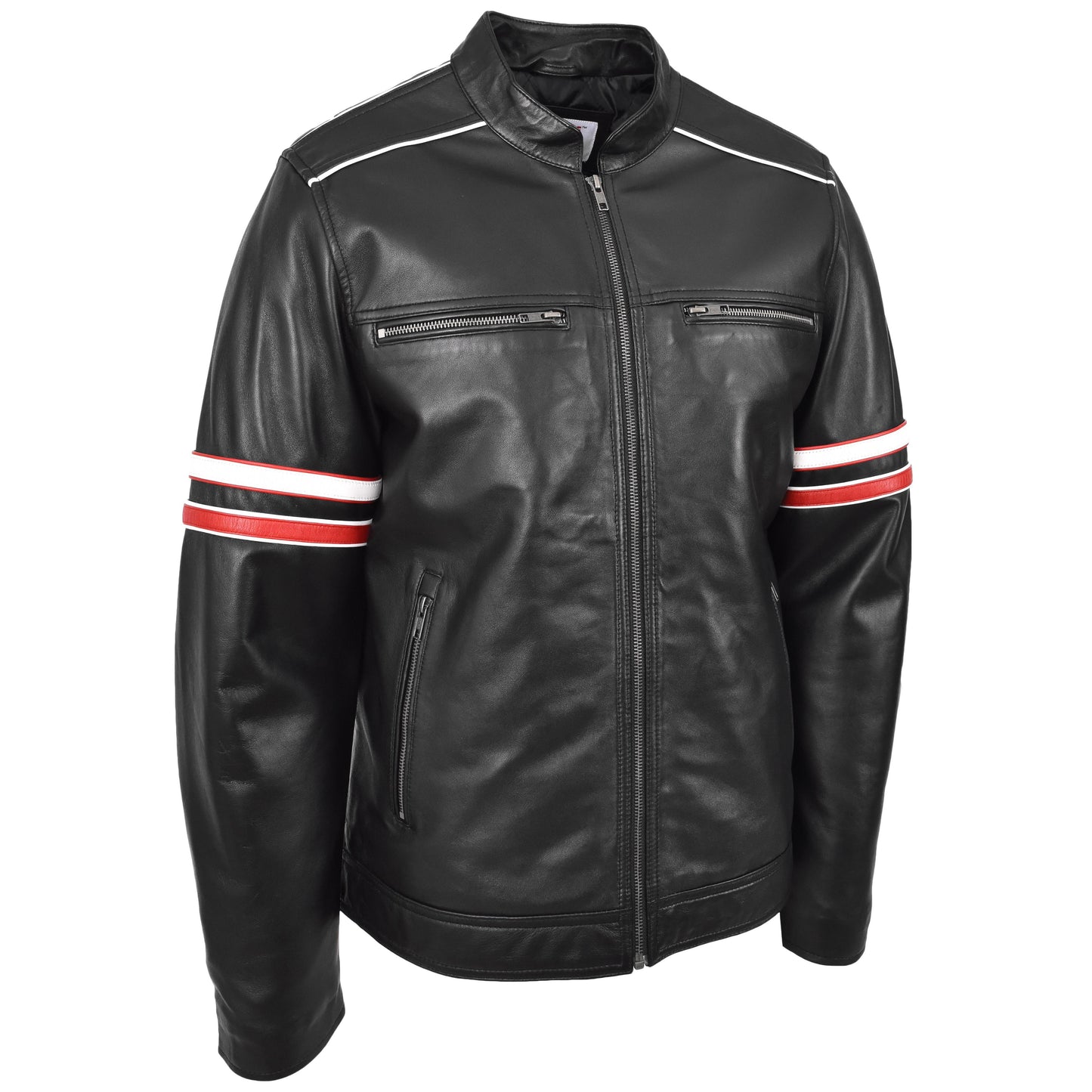 Mens Real Leather Biker Style Jacket Cafe Racer Multi Stripes Boxer Black-4