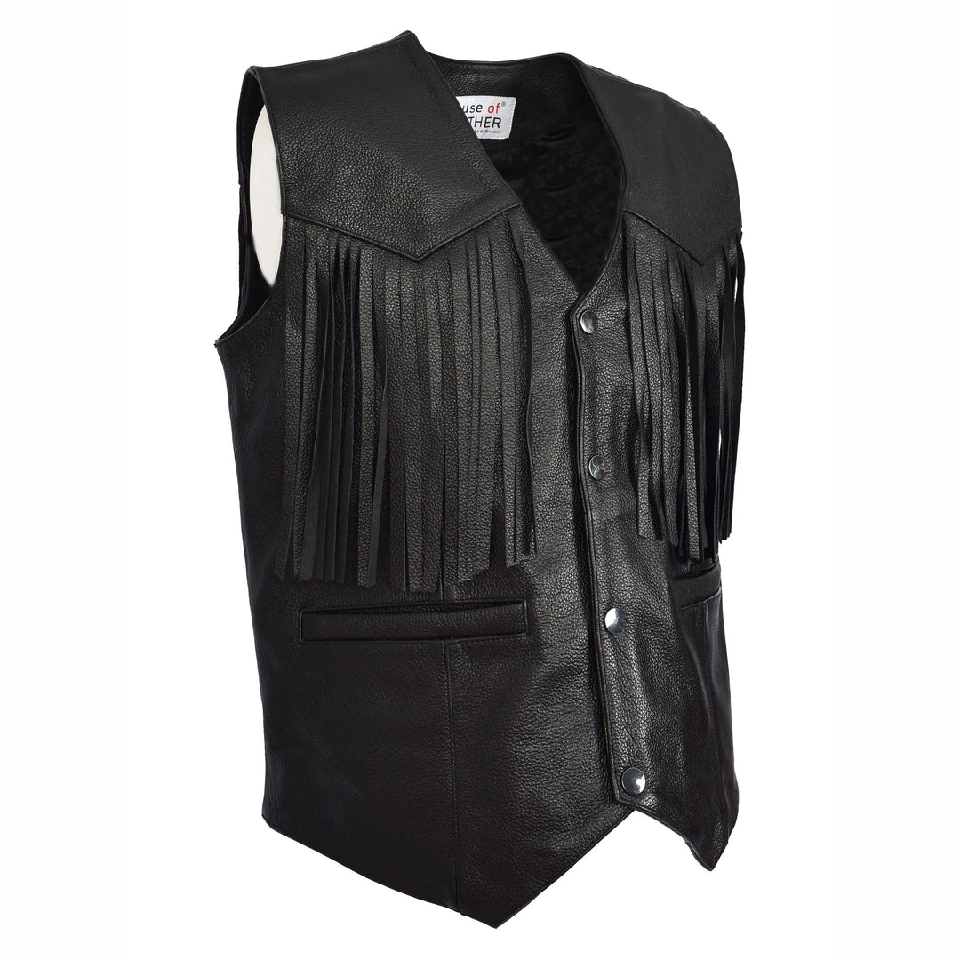 Men's Cowhide Leather Biker Waistcoat Fringe's Western Vest Warden Black 4