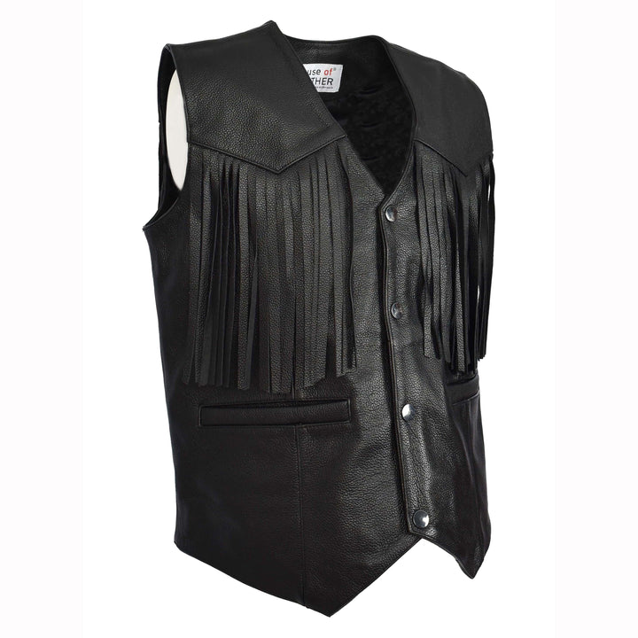 Men's Cowhide Leather Biker Waistcoat Fringe's Western Vest Warden Black 4