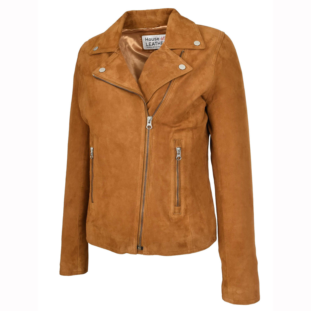 Women's Genuine Goat Suede Biker Jacket Lola Cognac 4