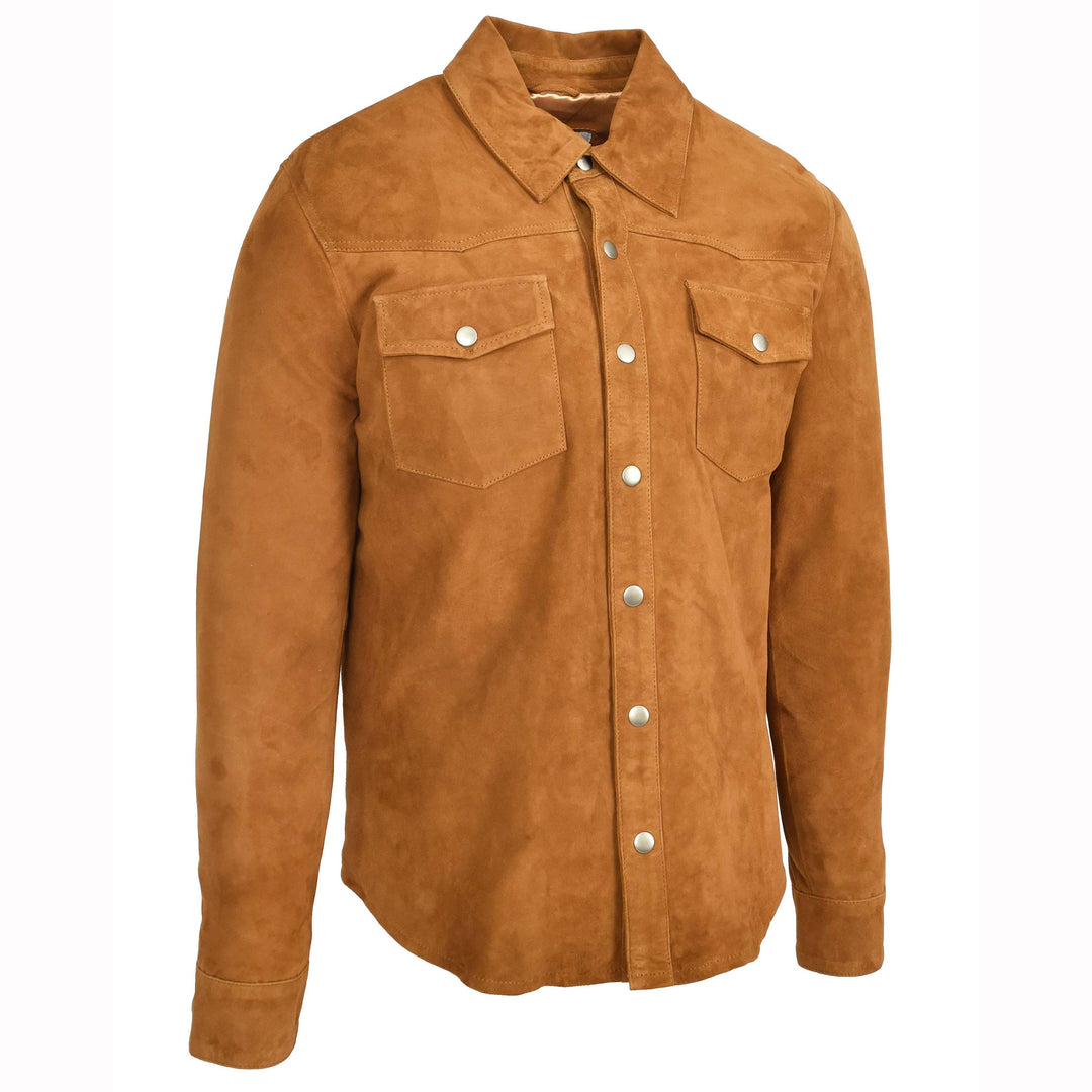 Mens Real Goat Suede Shirt Western Trucker Jacket Oliver Cognac 4