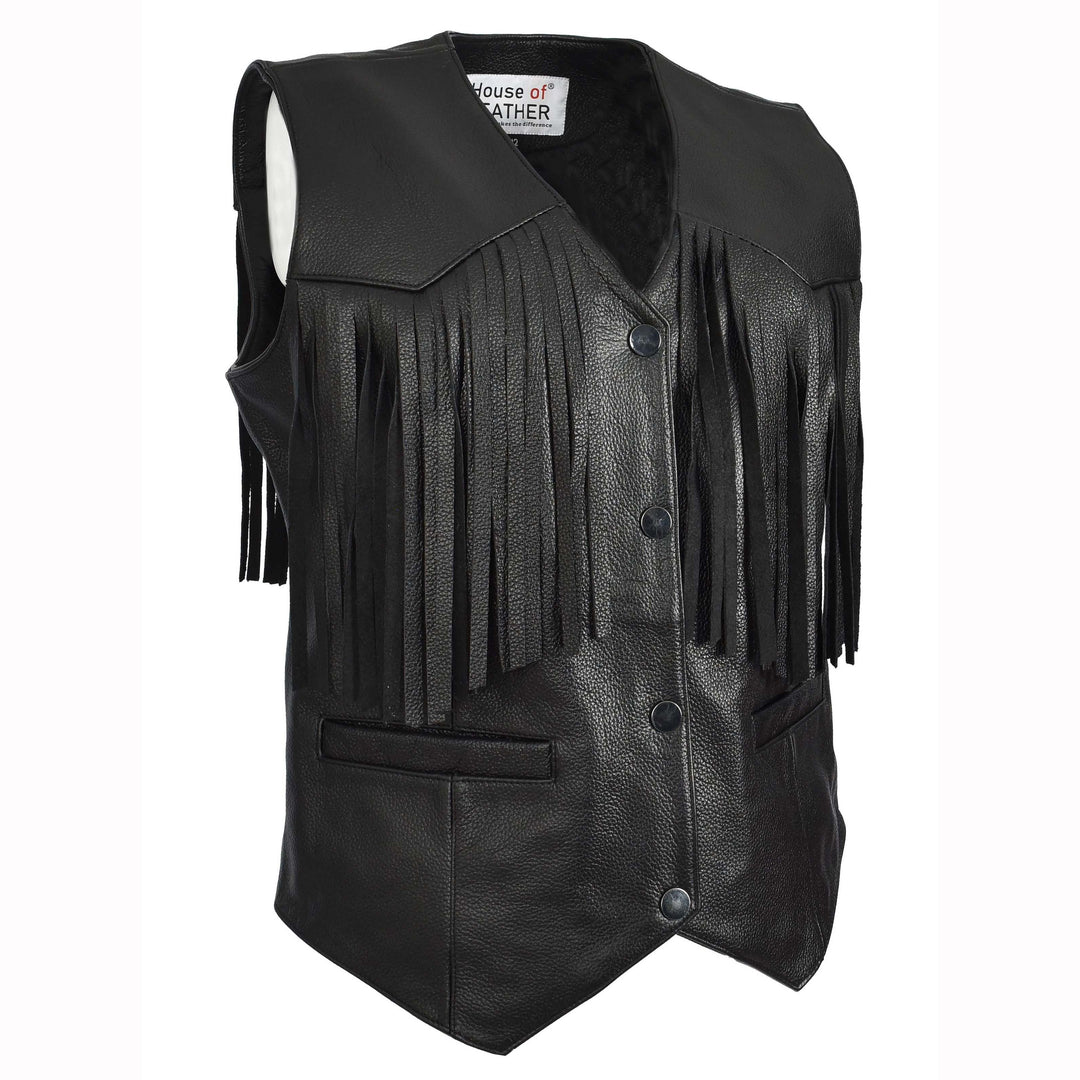 Women's Black Cowhide Leather Waistcoat Rider Biker Style with Fringe Details, Raven