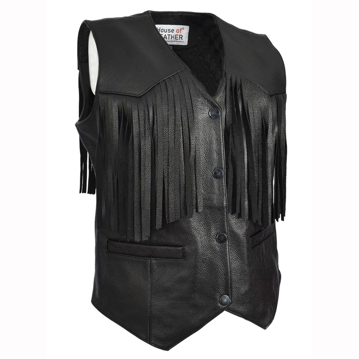 Women's Black Cowhide Leather Waistcoat Rider Biker Style with Fringe Details, Raven