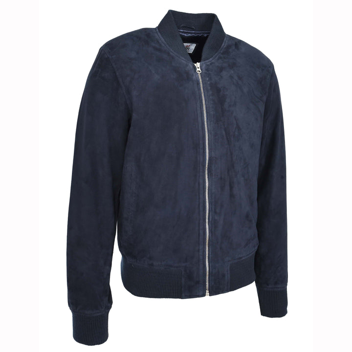 Mens Real Goat Suede Bomber Jacket MA-1 Varsity Design Ryan Navy Blue