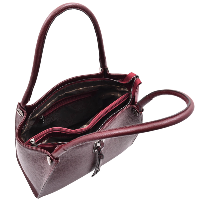 Womens Multi Pockets Grained Leather Shoulder Bag Large Size Grace Burgundy 4