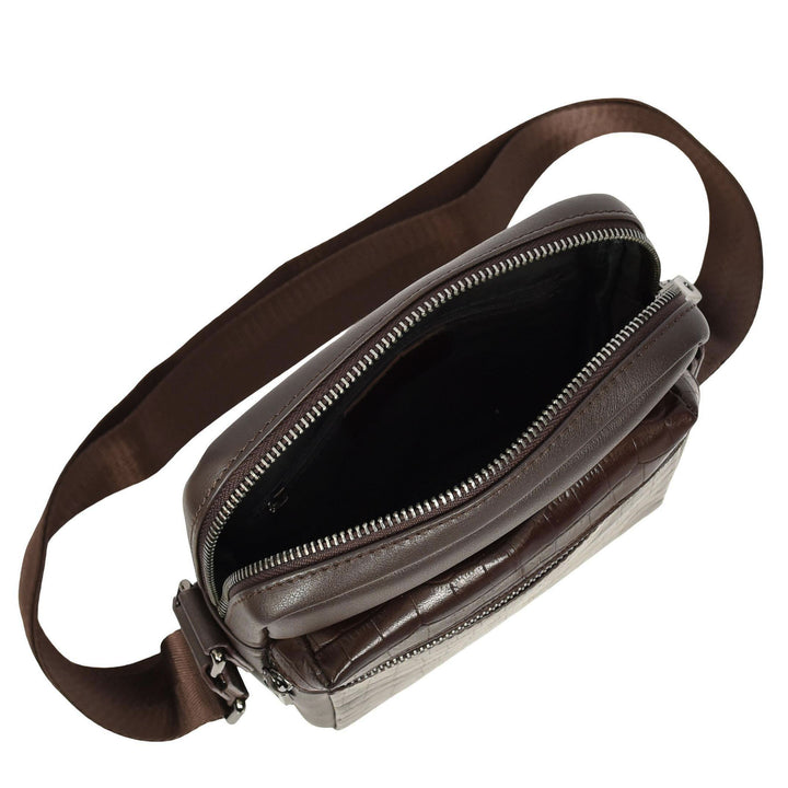 Mens Real Leather Croc-Print Crossbody Bag Casual Messenger Flight Pouch Delmon Brown