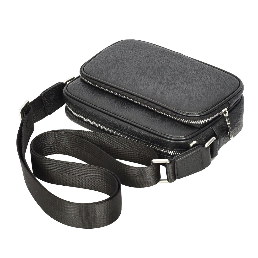 Men's Real Leather Messenger Trendy Shoulder Bag Organiser Zipped Pockets Ace Black