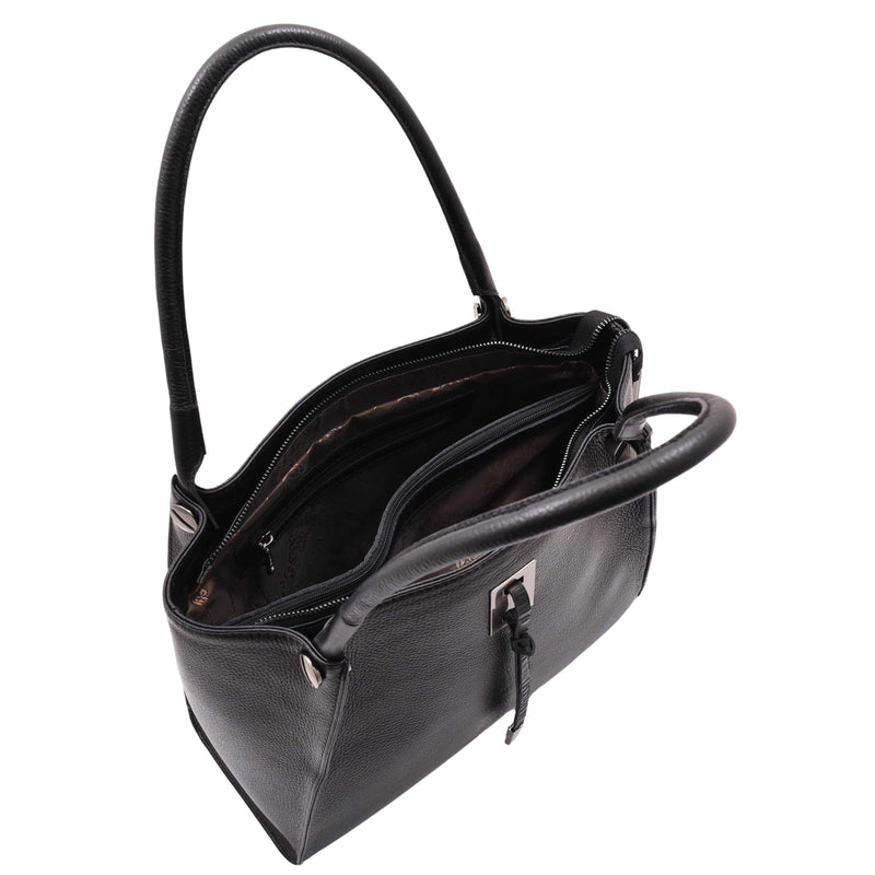 Womens Multi Pockets Grained Leather Shoulder Bag Large Size Grace Black 4