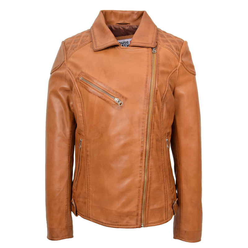 Womens Real Leather Biker Jacket Cross Zip Pockets Cherry Tan 4