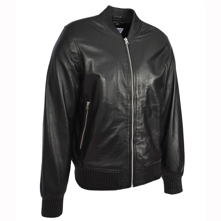 Mens Real Soft Leather Bomber Jacket MA-1 Varsity Style Torque Black 4
