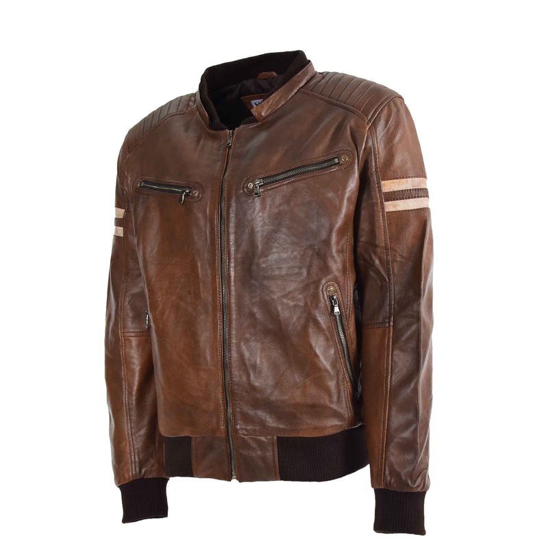 Mens Real Leather Bomber Zip up Detachable Hoodie Jacket Dallas Cognac 4