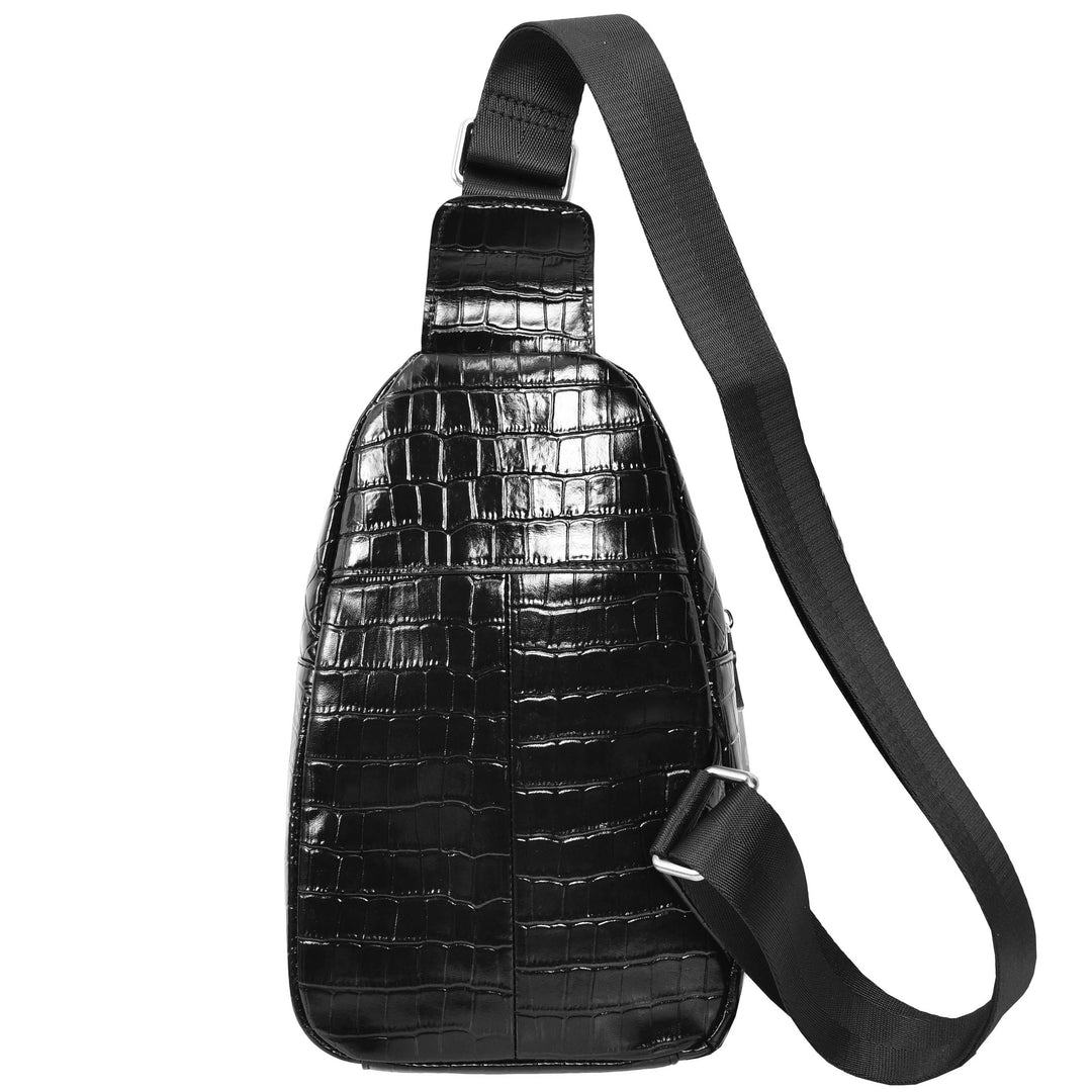 Men's Leather Sling Bag Crossbody Chest Pack Croc-Embossed Alden Black 4