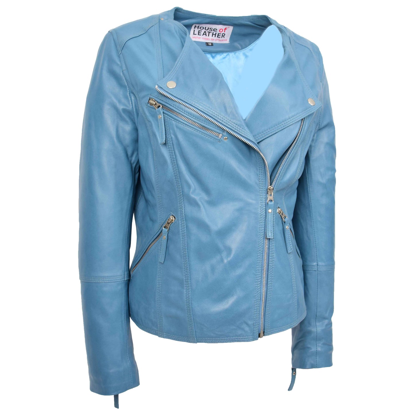 Womens Leather Casual Biker Jacket Cross Zip Shelly Teal 4