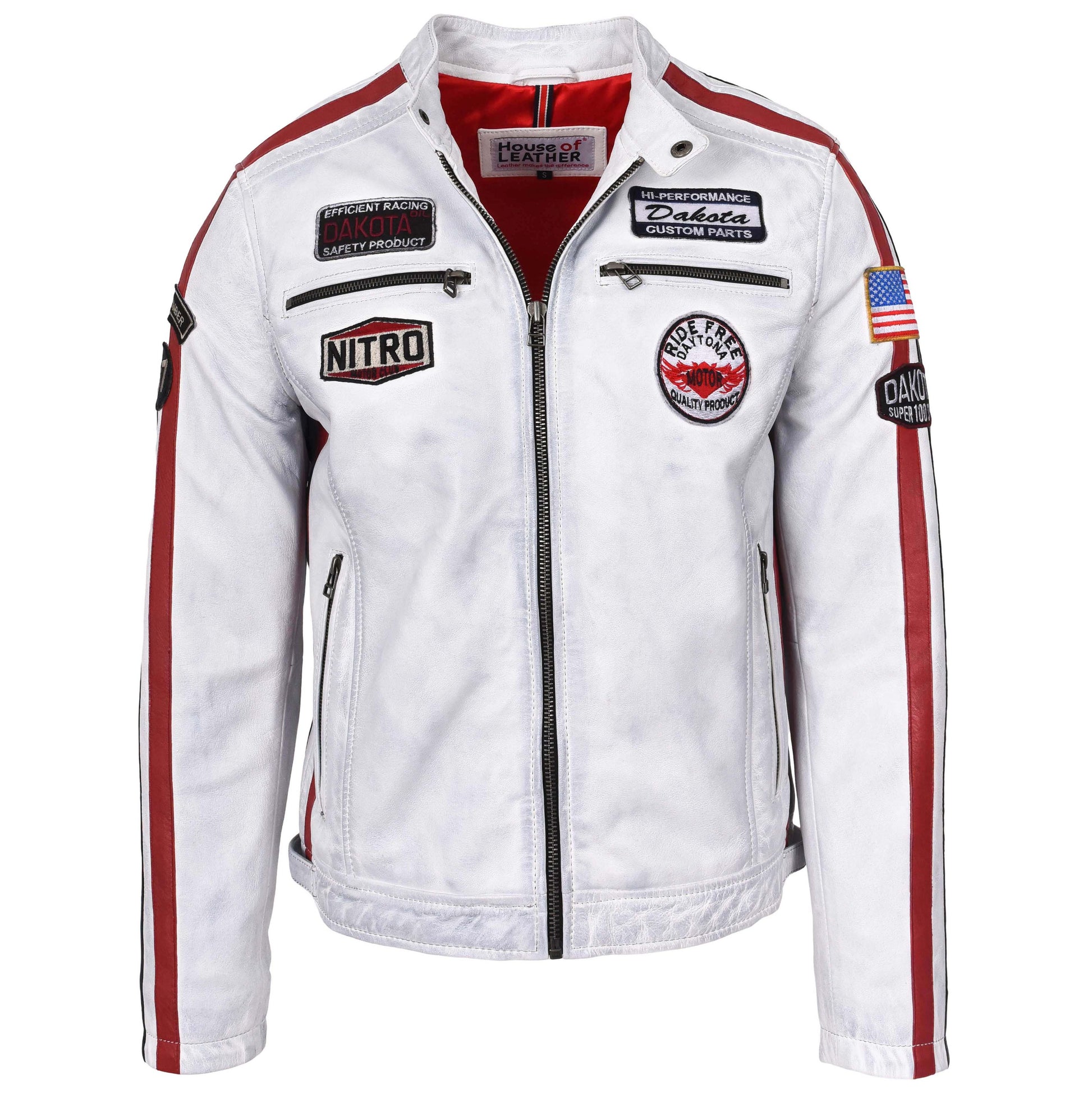 Mens Leather Biker Jacket Motorsport Logos Bobby Vintage White