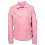 Womens Real Leather Biker Jacket Cross Zip Pockets Cherry Pink 4