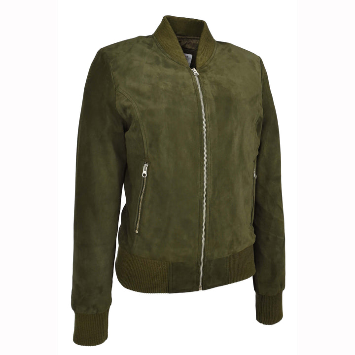 Womens Real Goat Suede Bomber MA-1 Jacket Faye Khaki Green 4