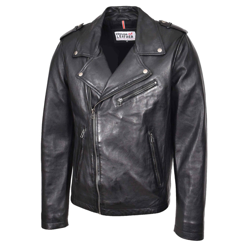 Mens Leather Brando Biker Jacket Cross Zip Daylen Black 4