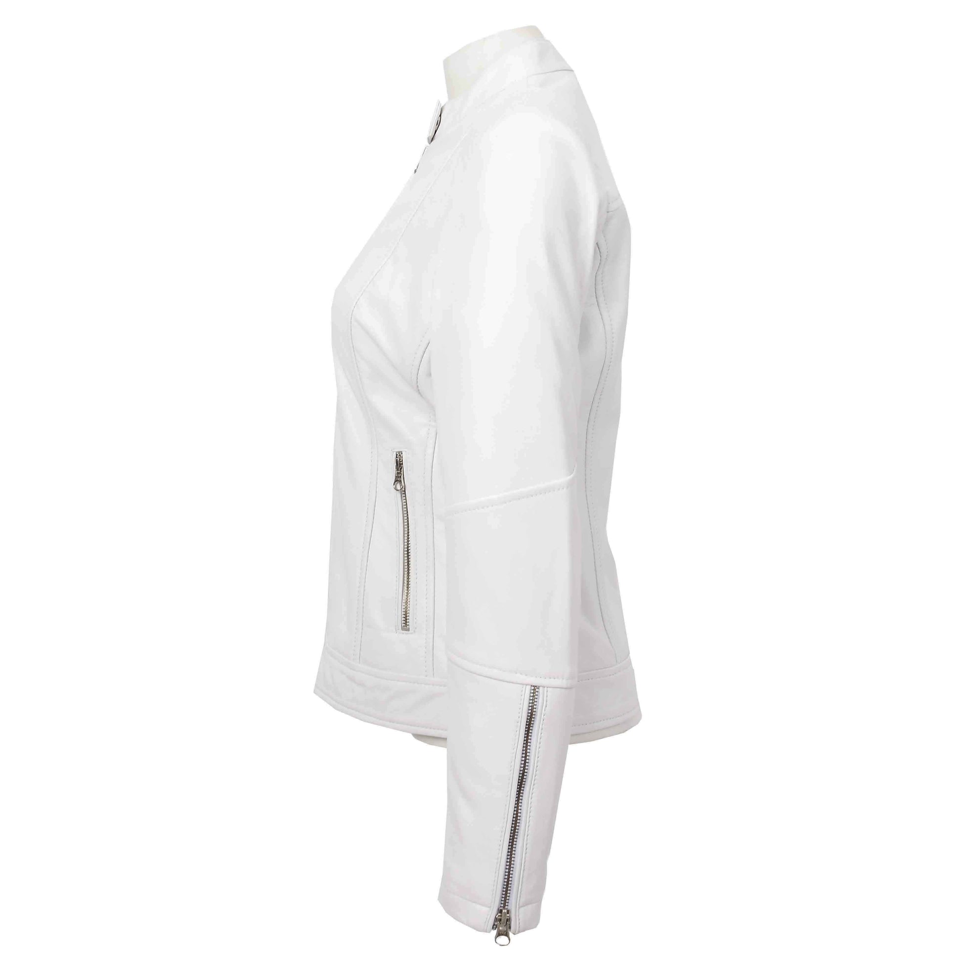 Womens Real Leather Biker Jacket Zip up Casual Connie White 4