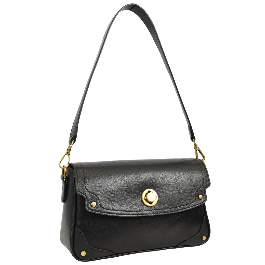 Women's Leather Crossbody Handbag Flap over Turn Lock Bag Beverly Black 10