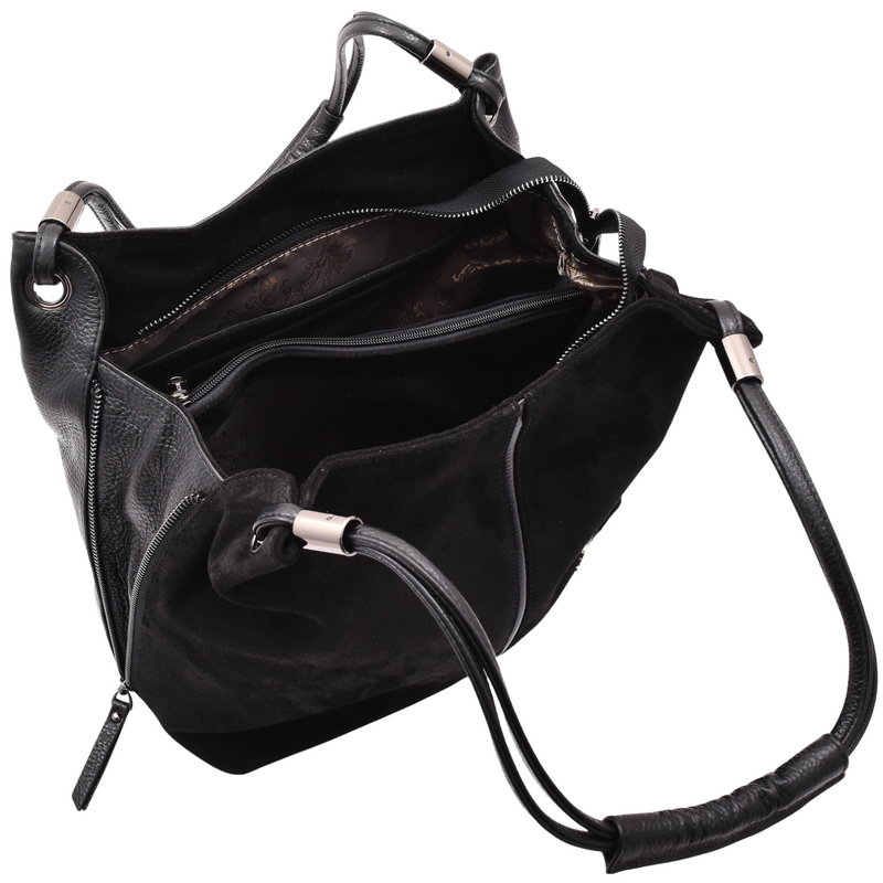 Womens Leather Suede Shoulder Bag Zip Large Black Hobo Audrey 4