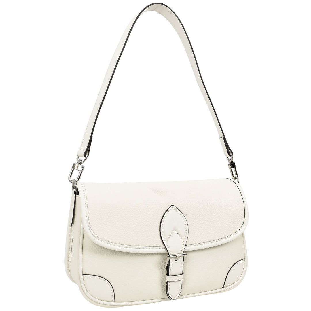 Women's Leather Classic Shoulder Bag Casual Style with Multiple Straps Capri White