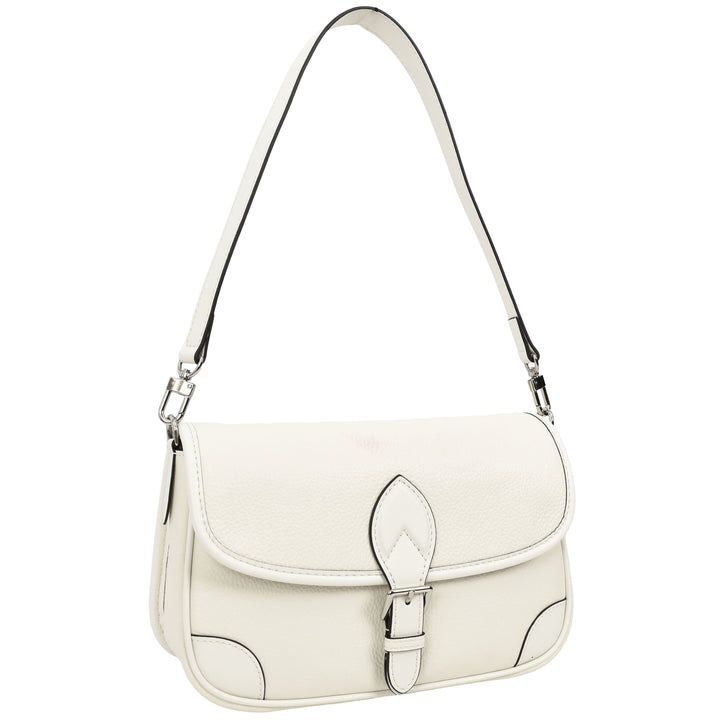 Women's Leather Classic Shoulder Bag Casual Style with Multiple Straps Capri White