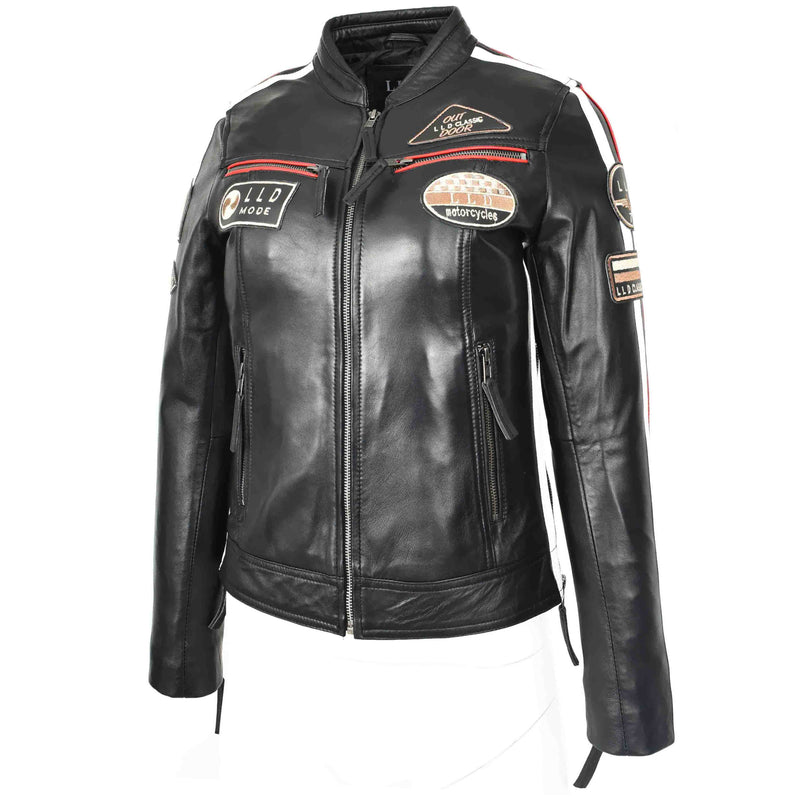 Ladies Leather Cafe Racer Biker Jacket Motorcycle Badges Rosa Black 4