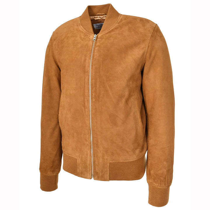 Mens Real Goat Suede Bomber Jacket MA-1 Varsity Design Ryan Cognac