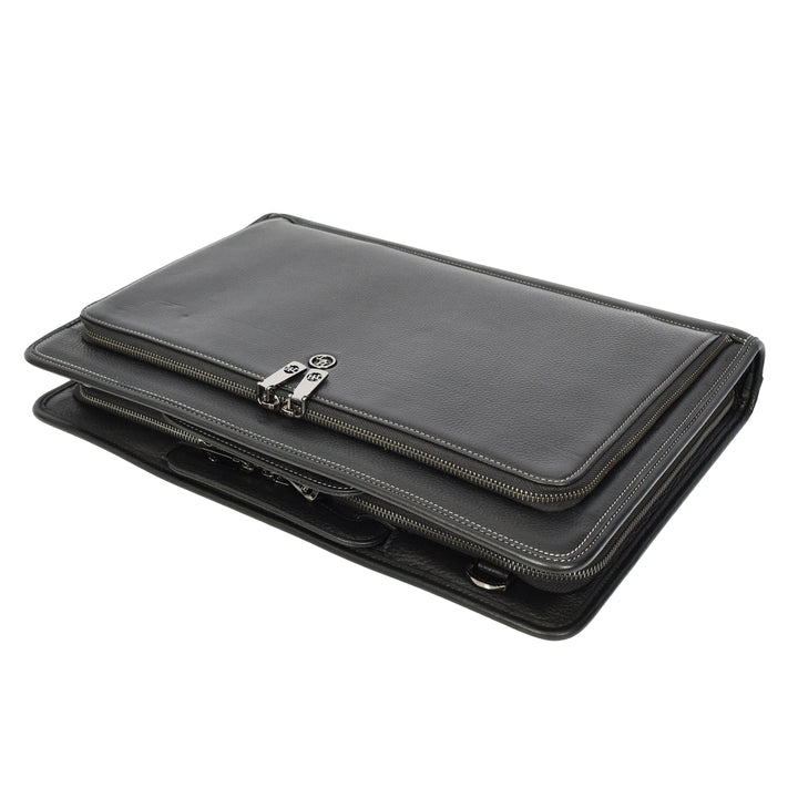 Men’s Leather Business Briefcase Laptop Work Bag with Crossbody Shoulder Strap Raya Black