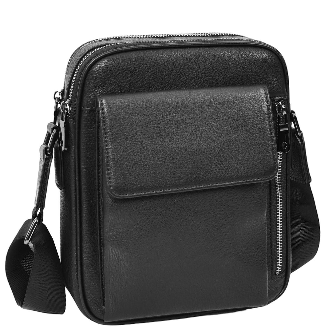 Mens Real Leather Cross Body bag Medium Multi-Pocket Travel Organiser Pouch Rovigo Black