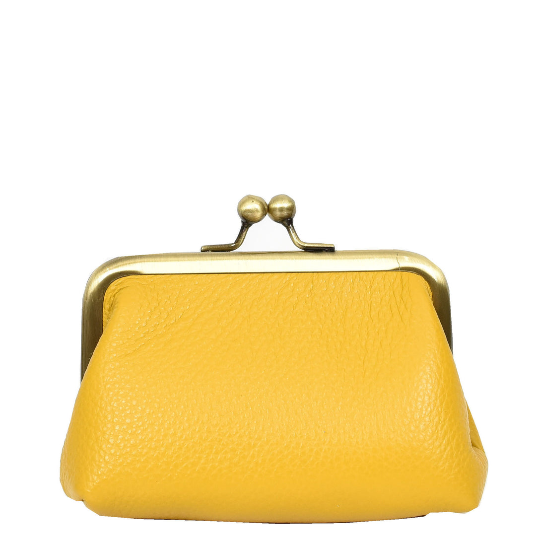 Womens Real Leather Small Coin Purse with Kiss Lock Closure HOL2205 Yellow