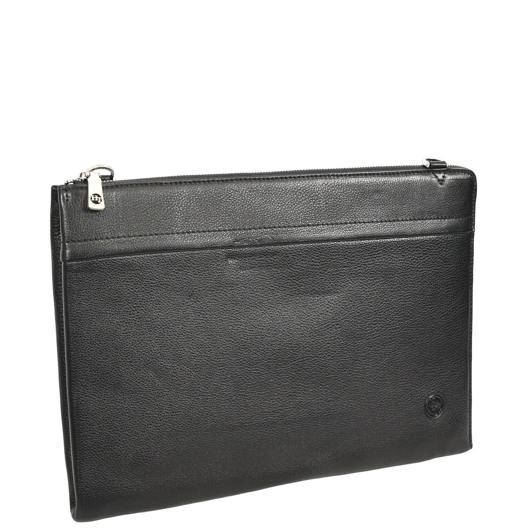 Real Leather Zip Around Folio Bag Underarm Documents Tablet Organiser Kylo Black