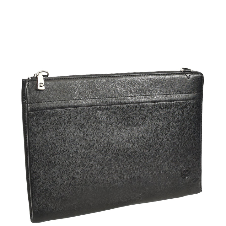 Real Leather Zip Around Folio Bag Underarm Documents Tablet Organiser Kylo Black