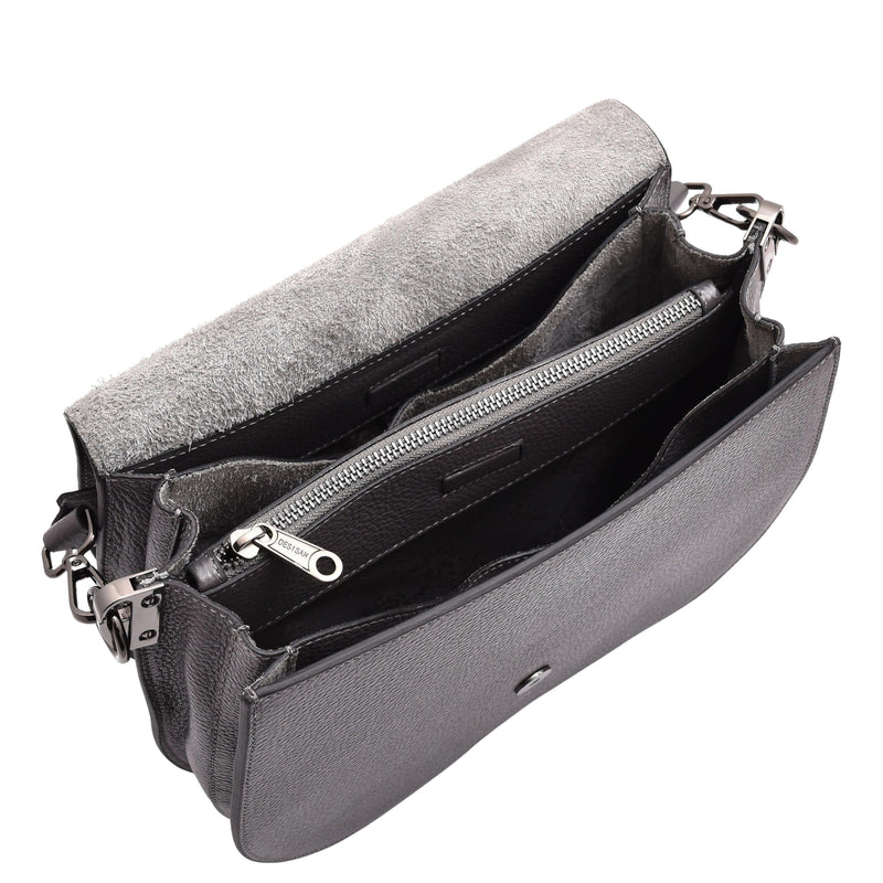 Womens Large Satchel Cross Body Leather Bag Zip Strap ALICIA Grey 4