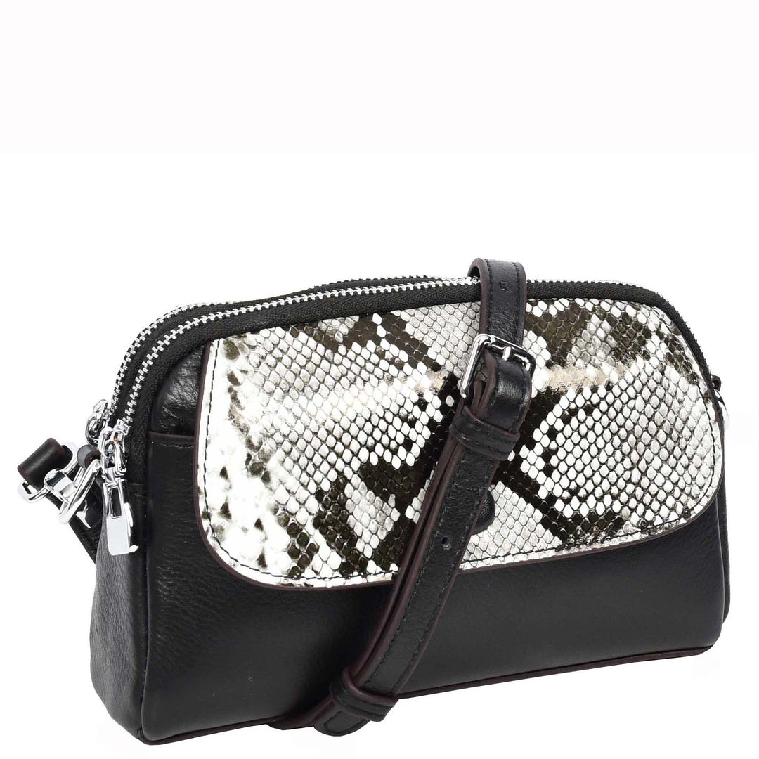 Women's Leather Crossbody Sling Bag Small Exotic Snake-Print Sahara Black