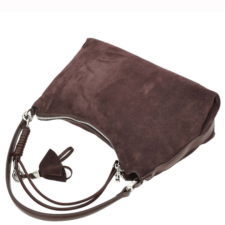 Women's Real Suede Hobo Shoulder Bag Side Tassel Solana Brown 4