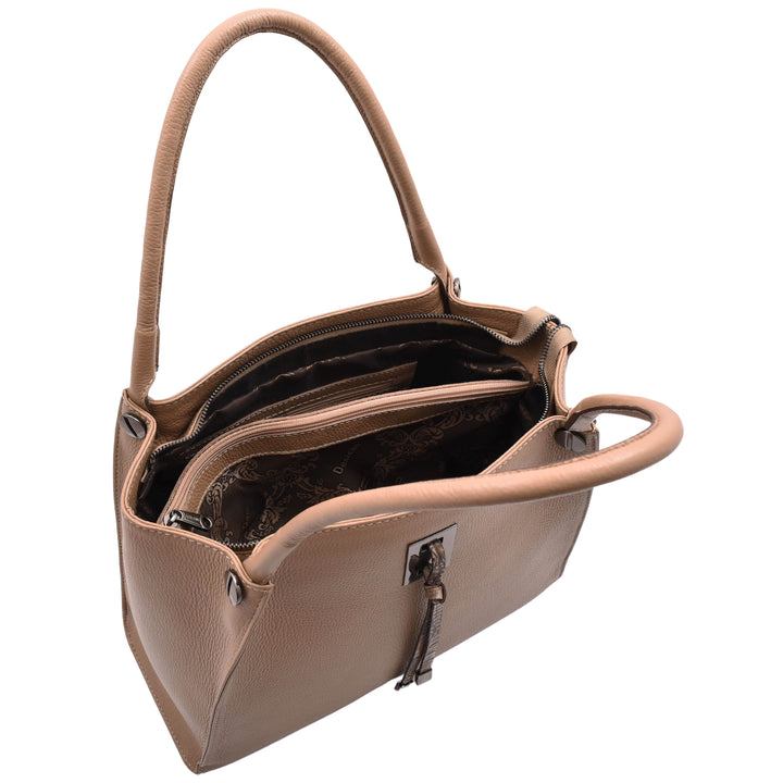 Womens Multi Pockets Grained Leather Shoulder Bag Large Size Grace Taupe 4