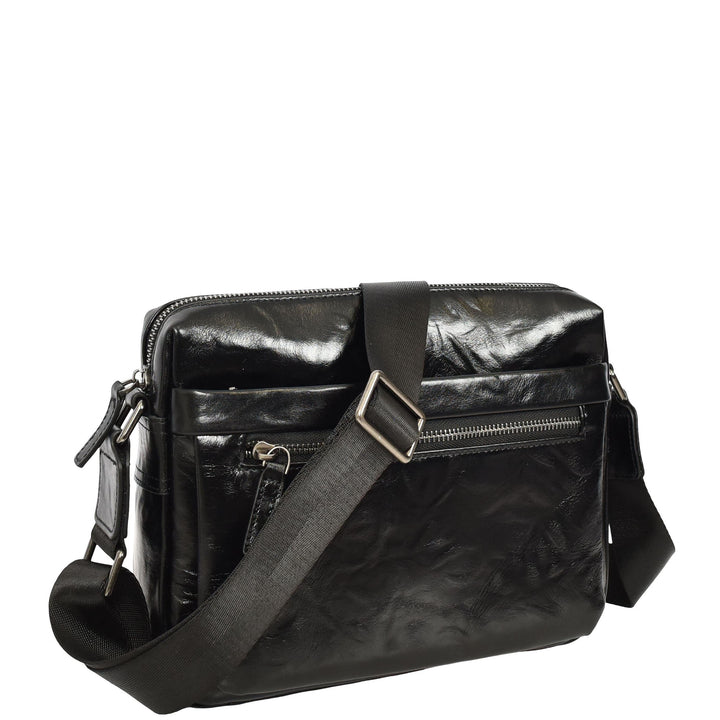 Mens Genuine Distressed Leather Crossbody Flight Bag Multiple Pockets Axel Black