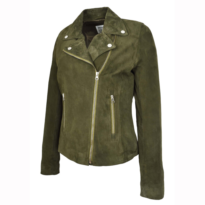 Women's Genuine Goat Suede Biker Jacket Lola Olive Green 4