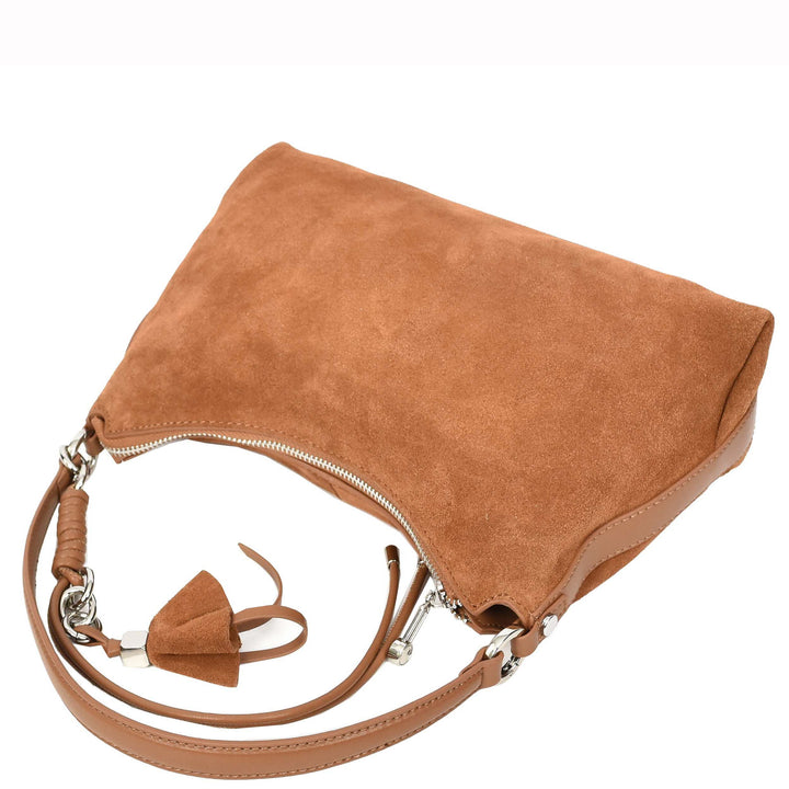 Women's Real Suede Hobo Shoulder Bag Side Tassel Solana Tan 4