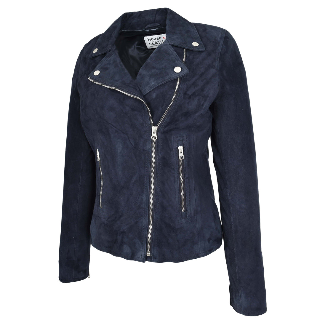 Women's Genuine Goat Suede Biker Jacket Lola Navy Blue 4