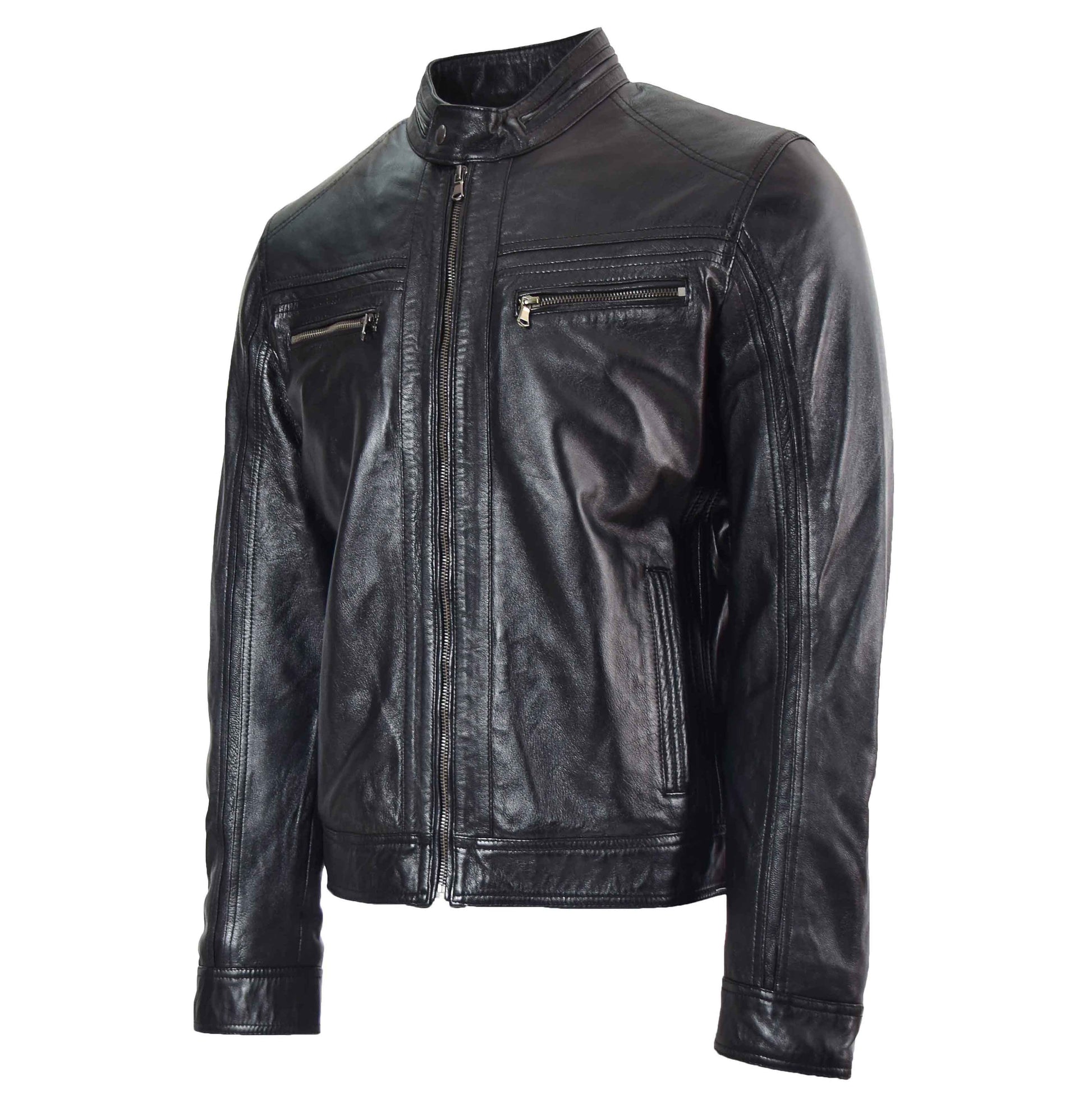 Mens Leather Cafe Racer Biker Jacket Charlie Black 4