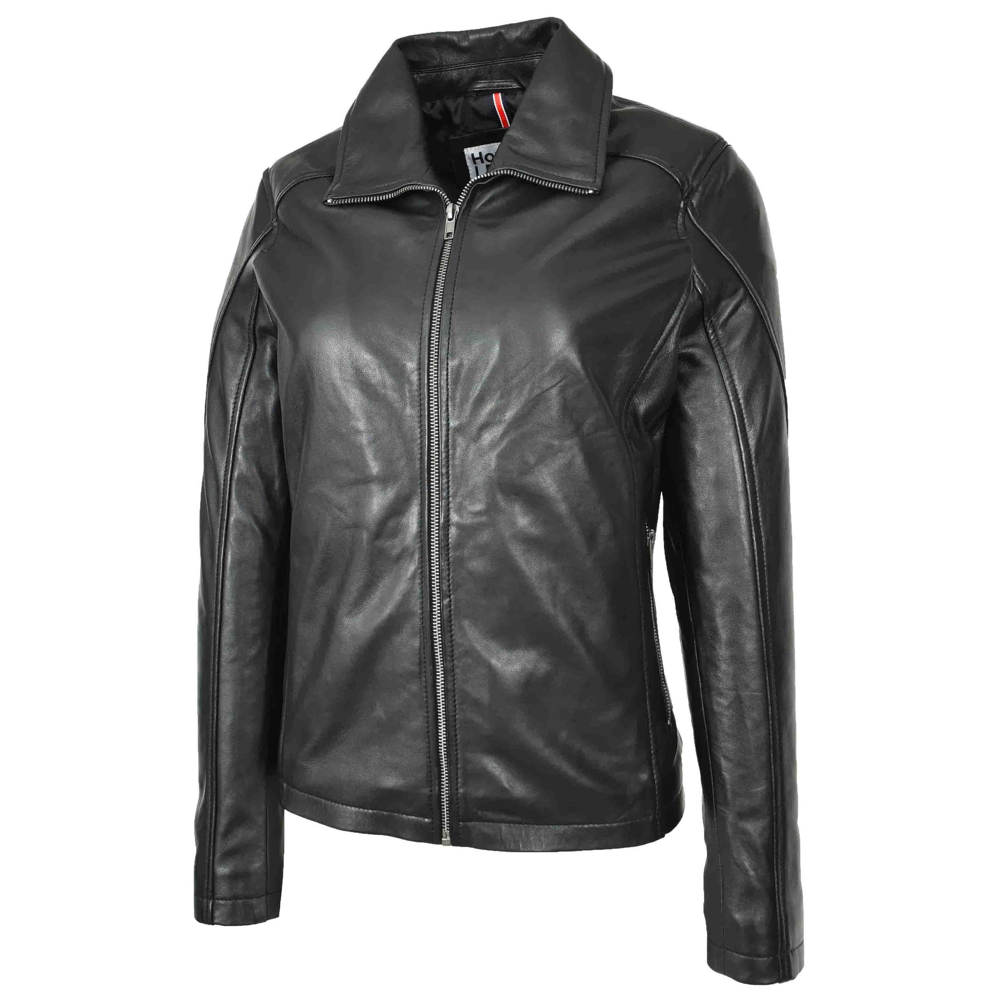 Womens Real Leather Classic Jacket Zip Box Style Camila Black 4